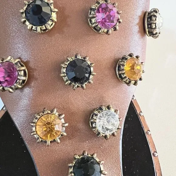 Lola Cruz Embellished Jeweled Brown Leather Flip Flops Sandals Size EU 37 US 7 - Picture 4 of 11